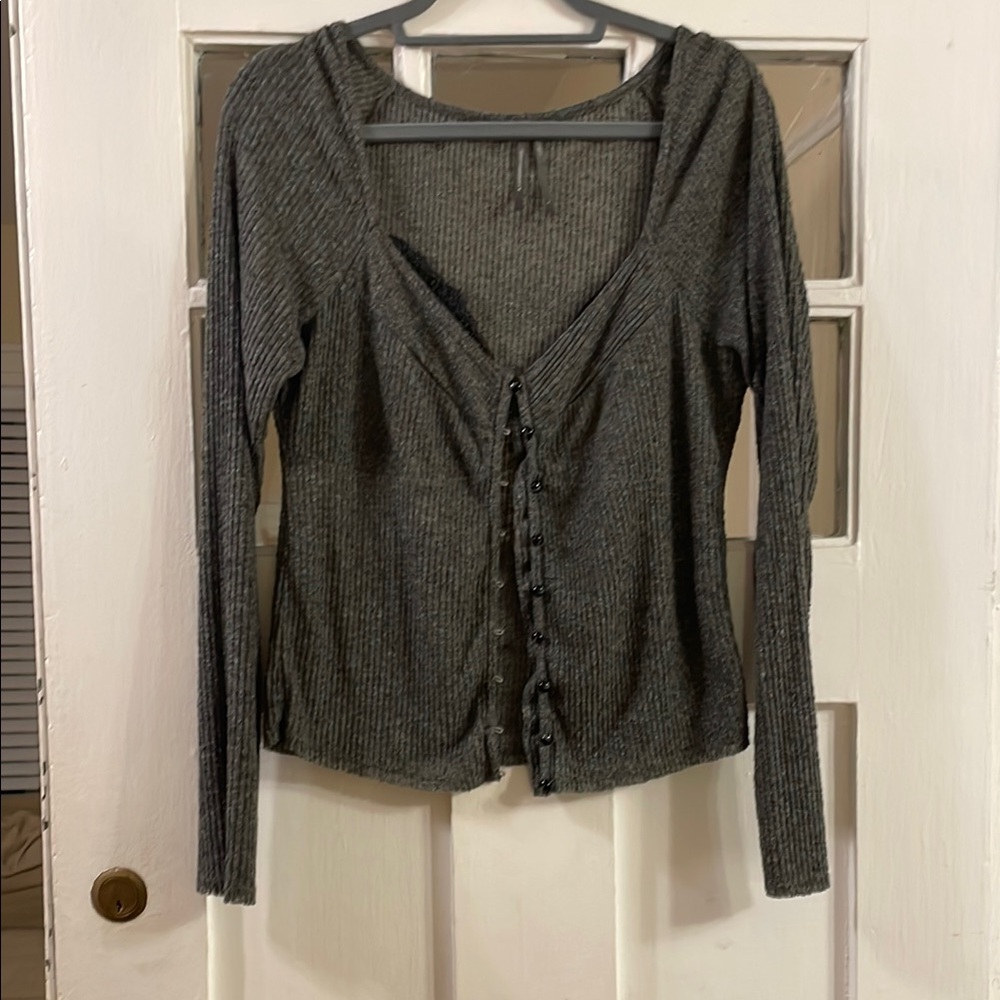 ANTHROPOLOGIE Women L Ribbed Gray Button-Up Cardigan
